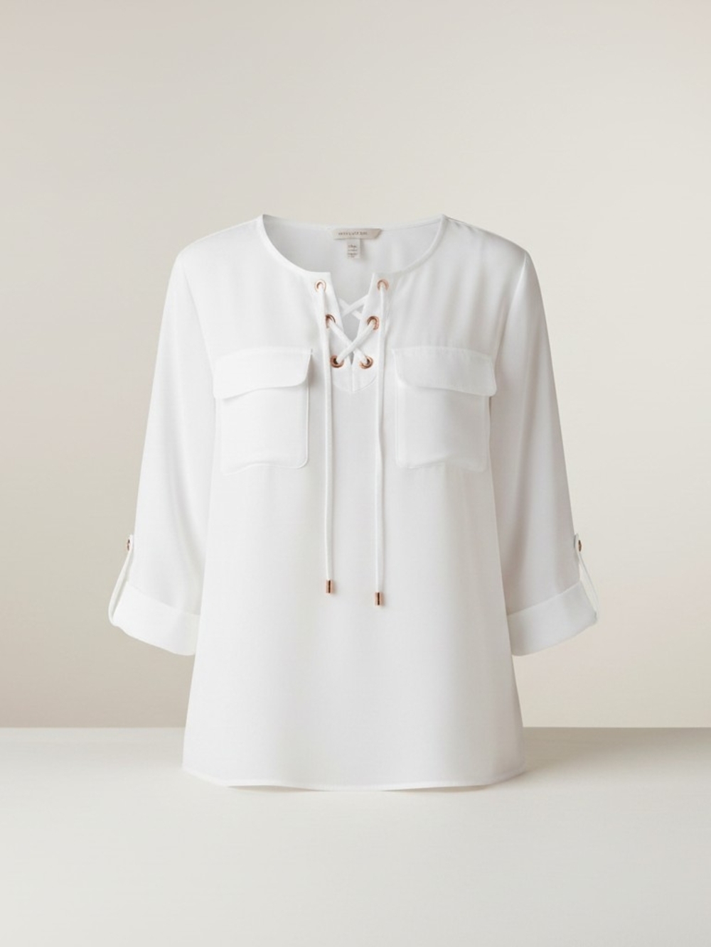Ellen Tracy White Lace-Up Pocket Blouse
